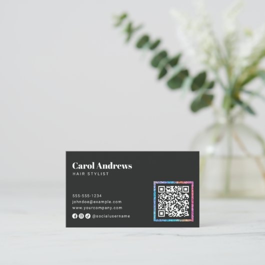 Moderne Sparkle Black Hair Salon QR Code Visitekaartje (Staand voorkant)