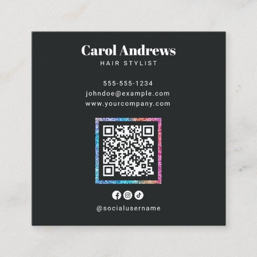 Moderne Sparkle Scissor Black Hair Salon QR Code Vierkante Visitekaartje (Voorkant)