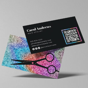 Moderne Sparkle Zwarte Kapsalon QR Code Visitekaartje