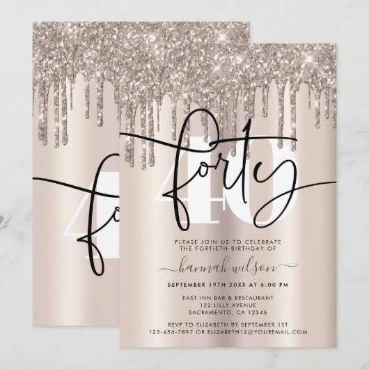 Moderne Sparkly Cream Glitter 40th Birthday Party Kaart (Voorkant / Achterkant)
