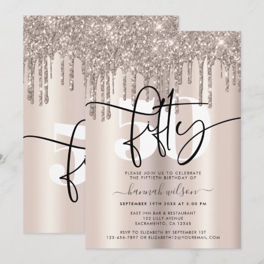 Moderne Sparkly Cream Glitter 50th Birthday Party Kaart (Voorkant / Achterkant)