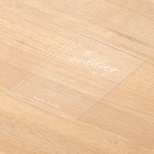 Moderne speelse kalligrafie zwart wit bruiloft acryl uitnodigingen (Laagn)