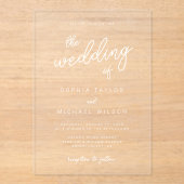 Moderne speelse kalligrafie zwart wit bruiloft acryl uitnodigingen (Voorkant)