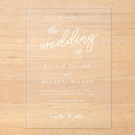 Moderne speelse kalligrafie zwart wit bruiloft acryl uitnodigingen