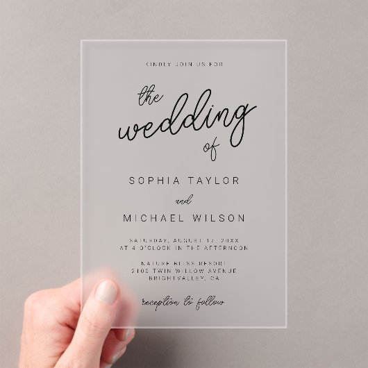 Moderne speelse kalligrafie zwart wit bruiloft acryl uitnodigingen (Insitu (Draagbaar))