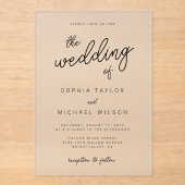 Moderne speelse kalligrafie zwart wit bruiloft acryl uitnodigingen (Voorkant)