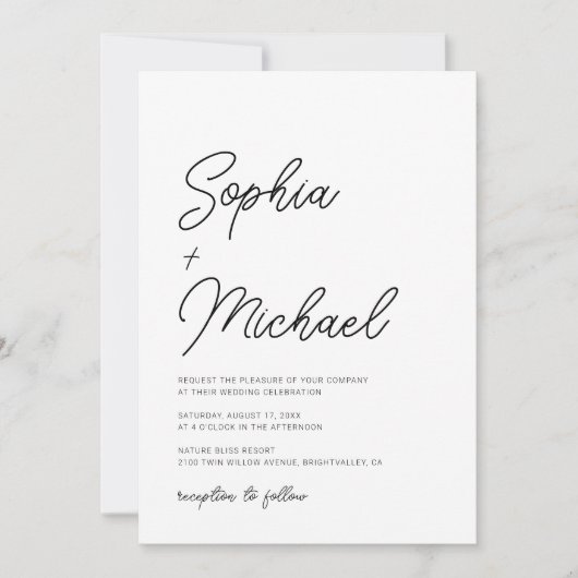 Moderne speelse kalligrafie zwart wit bruiloft kaart (Voorkant)