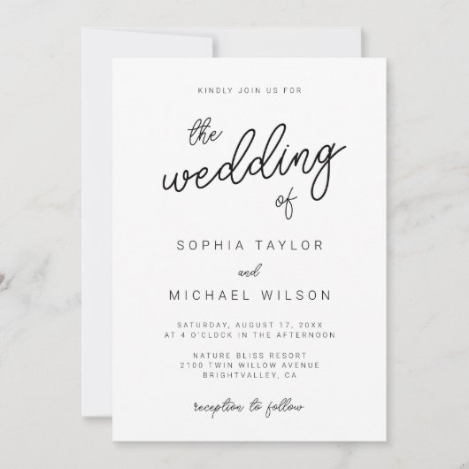 Moderne speelse kalligrafie zwart wit bruiloft kaart (Voorkant)