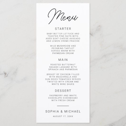 Moderne speelse kalligrafie zwart wit bruiloft menu (Voorkant)