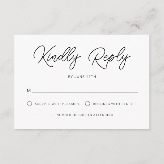 Moderne speelse kalligrafie zwart wit bruiloft RSVP kaartje (Voorkant)