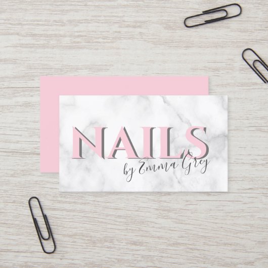 Moderne spijkers met witte marmer- en roze typogra visitekaartje (Voorkant / Achterkant in situ)