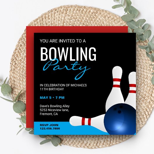 Moderne sportieve bowlingfeest verjaardagsuitnodig kaart
