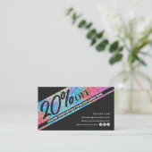 Moderne sprankelende glitter en zwarte kapsalon kortingskaartje (Staand voorkant)