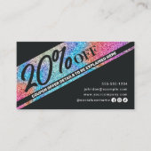 Moderne sprankelende glitter en zwarte kapsalon kortingskaartje (Voorkant)
