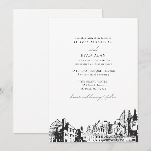 Moderne St. Paul Skyline Zwart & Wit Bruiloft Kaart (Voorkant / Achterkant)