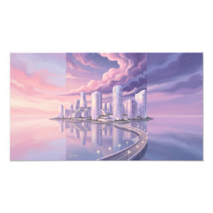 Moderne stadsbrug over zee bij schemering Foto ver Afdruk