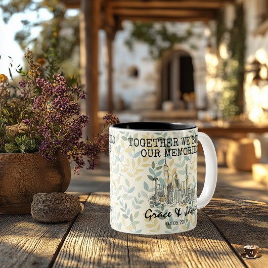 Moderne stadsgezicht koppel — botanische achtergro tweekleurige koffiemok