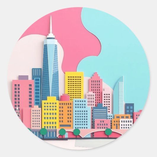 Moderne Stadslandschap van Papiercollage Ronde Sticker (Voorkant)
