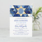 Moderne Ster van David Blauw Goud Bar Mitzvah Hebr Kaart (Staand voorkant)