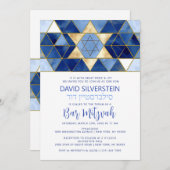Moderne Ster van David Blauw Goud Bar Mitzvah Hebr Kaart (Voorkant / Achterkant)