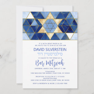 Moderne ster van David Blue Gold Bar Mitzvah Hebre Kaart