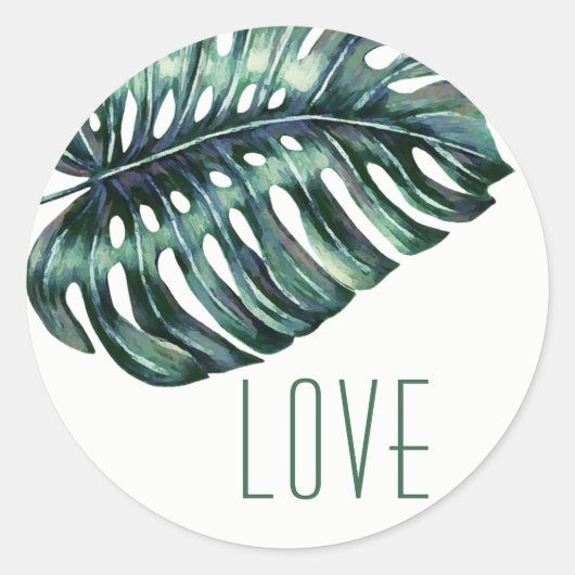 Moderne Sticker van Tropische Monstera Leaf LOVE (Voorkant)