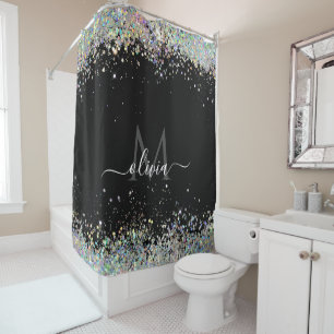 Moderne stijl holographic Glitter Monogram Black Douchegordijn