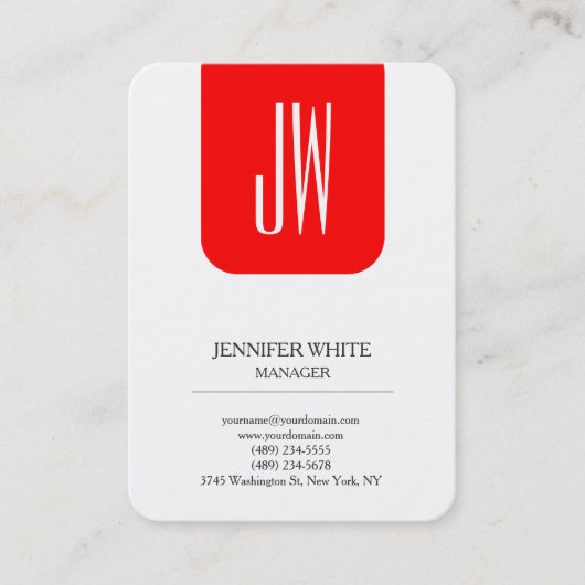 Moderne stijl trendy effen wit rood monogram visitekaartje (Voorkant)