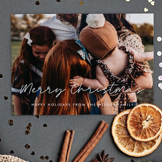 Moderne Stijl Vrolijk Kerstmis Familie Foto Feestdagenkaart