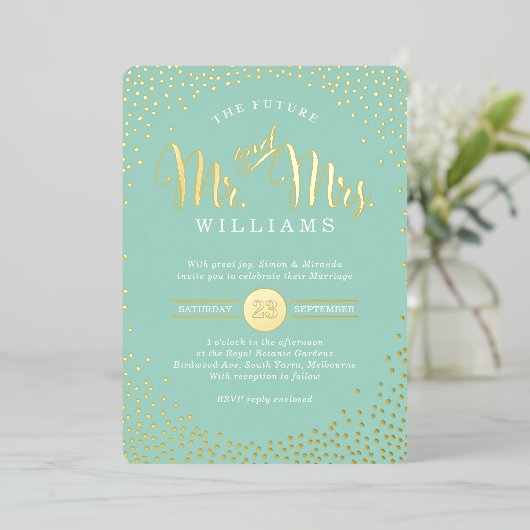 MODERNE STIJLVOLE TROUW mini confetti mint goud Folie Uitnodiging (Staand Voorkant)