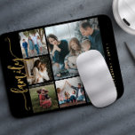 Moderne stijlvolle 6 foto collage familie kalligra muismat<br><div class="desc">Elegant modern familie handgeschreven kalligrafie script met zes aangepaste foto's zwart goud keepsake foto muismat sjabloon.             Houd er rekening mee dat de achtergrondkleur veranderlijk is. Als u de optie AANPASSEN hebt geselecteerd,  kunt u het zwart door een andere kleur vervangen.</div>