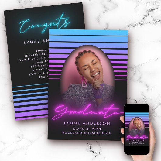 Moderne, stijlvolle 70s Retro Neon Photo Afstudere Kaart
