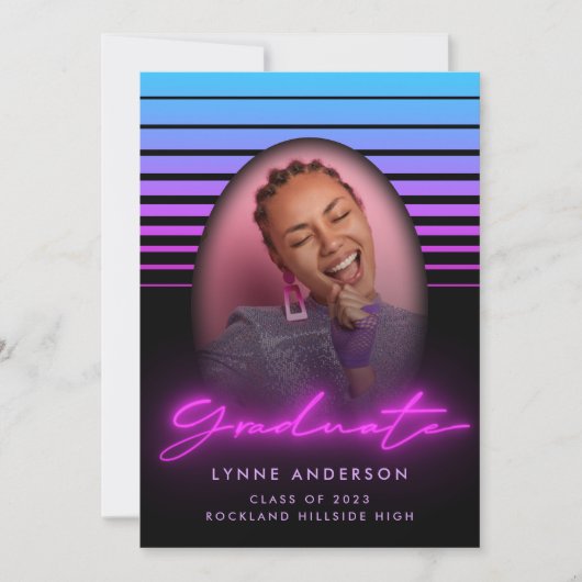 Moderne, stijlvolle 70s Retro Neon Photo Afstudere Kaart (Voorkant)