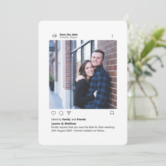 Moderne, stijlvolle aangepaste fotoronde hoek inst save the date (Staand voorkant)