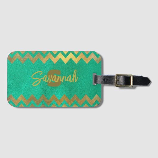 Moderne, stijlvolle afbeelding groen en gouden vro bagagelabel (Voorkant (horizontaal))