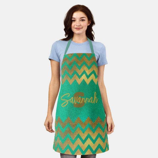 Moderne, stijlvolle afbeelding groen en gouden vro schort (Gedragen)