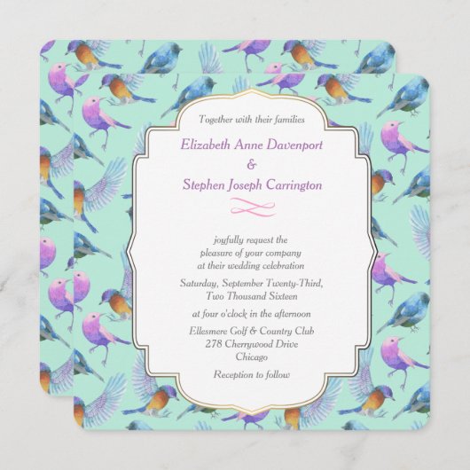 Moderne stijlvolle aquarel vogels bruiloft kaart (Voorkant / Achterkant)