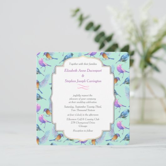 Moderne stijlvolle aquarel vogels bruiloft kaart (Staand voorkant)