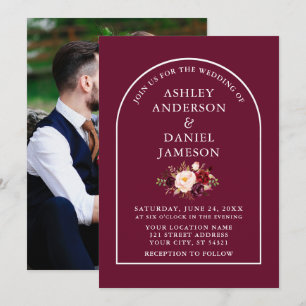 Moderne, stijlvolle Arch Burgundy Floral Photo Wed Kaart