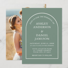 Moderne, stijlvolle Arch Sage Green Photo Wedding Kaart