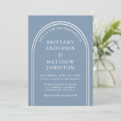 Moderne, stijlvolle Arch Wedding Dusty Blue Foto Kaart (Staand voorkant)
