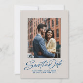 Moderne stijlvolle blauwe script twee foto save the date (Voorkant)