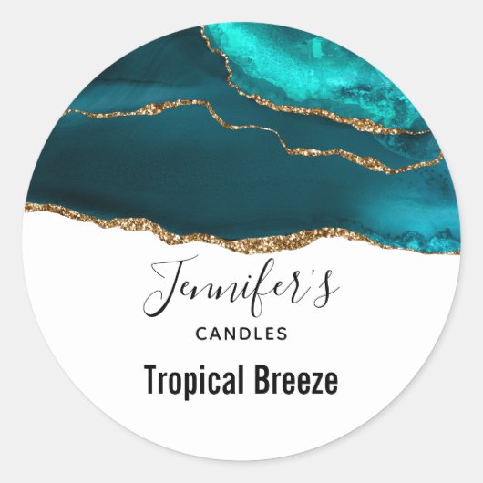 Moderne stijlvolle Blauwgroen Agaat & Gold Ribbon Ronde Sticker (Voorkant)