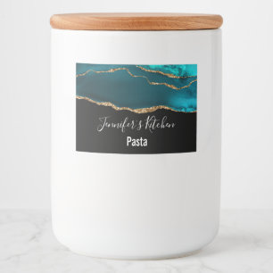 Moderne stijlvolle Blauwgroen Agaat & Gold Ribbon  Voedselcontainer Etiket