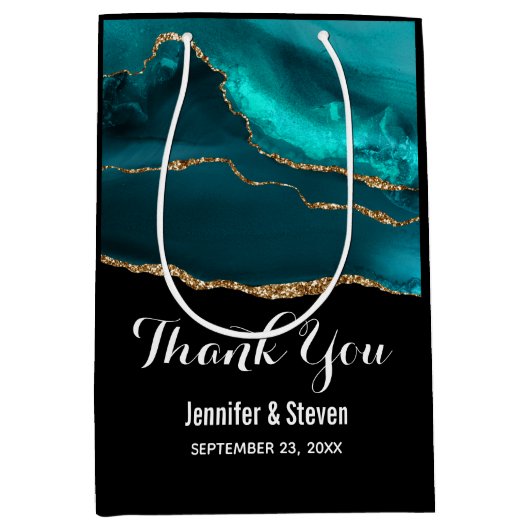 Moderne Stijlvolle Blauwgroen Agaat & Gouden Lintb Medium Cadeauzakje (Voorkant)