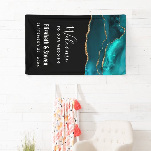 Moderne Stijlvolle Blauwgroen Agaat & Gouden Lintb Spandoek (Insitu)