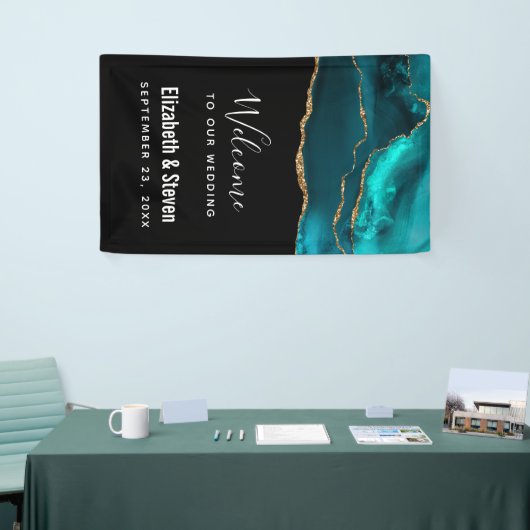 Moderne Stijlvolle Blauwgroen Agaat & Gouden Lintb Spandoek (Beurs)