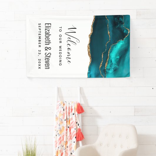 Moderne Stijlvolle Blauwgroen Agaat & Gouden Lintb Spandoek (Insitu)