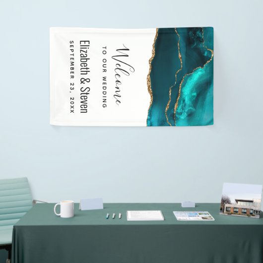 Moderne Stijlvolle Blauwgroen Agaat & Gouden Lintb Spandoek (Beurs)