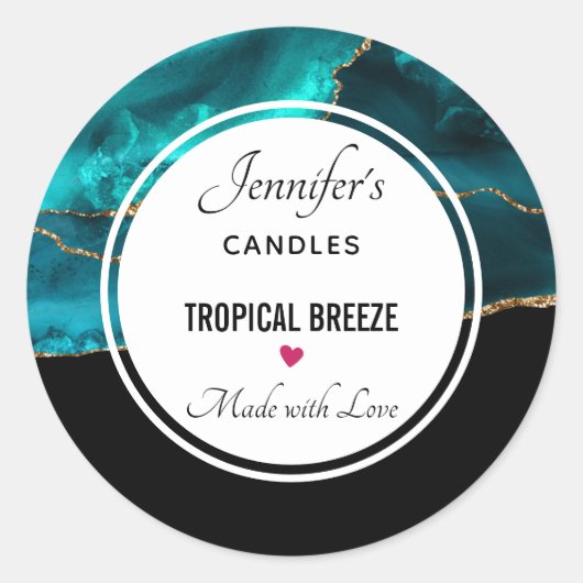 Moderne, stijlvolle Blauwgroen en Gold Agate Candl Ronde Sticker (Voorkant)